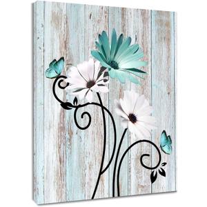 HVEST Teal Daisy Wall Art Vintage Flower and Butterfly on Rustic Wooden Abstract Painting Farmhouse Plant Wall Art for Bathroom Living Room Bedroom Kitchen Decor Ready to Hang, 16Lx12W Inches