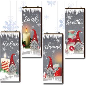 Soaoo 4 Pack Spring Gnomes Wooden Bathroom Ornaments Tulip Sunflower Wall Hanging Decor Butterfly Wood Cutouts Relax Soak Unwind Breathe Theme Pink Yellow Wood Sign for Home Party (Christmas Gnome)