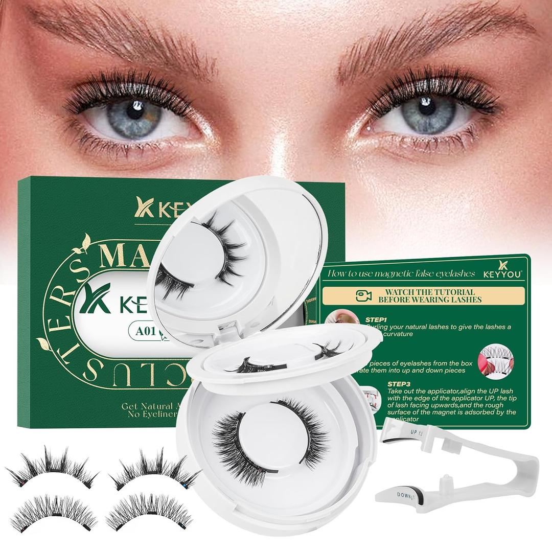 KEYYOU Daily Wear Reusable Magnetic Eyelashes No Glue Needed 2 Pair with Applicator, Easy to Apply & Long Lasting for Daily Use & Events D Natural Magnetic Lashes(A01+A02)