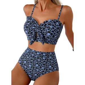 Herseas Women's Seashell Textured Bikini Sets Knotted Front 2 Piece Swimsuits Ruffle Trim Bathing Suits, L