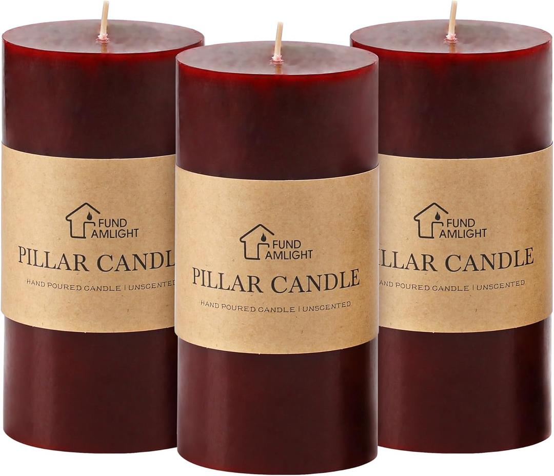 3x6 Inch Burgundy Pillar Candles Set of 3 - Decorative Unscented Pillar Candle, Long Burning Dripless and Smokeless Large Candles Pillar for Wedding Table, Christmas Decor, Dark Red