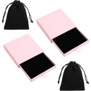 Yolev 4pcs Jewelry Gift Box Pink Black Necklace Gift Box Cardboard Square Small Jewelry Gifts Boxes and Velvet Bag For Necklace Ring Earring Bracelet Birthday Wedding Christmas Party Favors