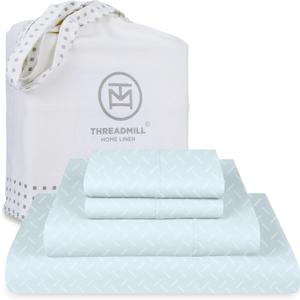 Threadmill Cotton Full Size Sheet Set | 100% Cotton Sheets for Full Size Bed | Damask Jacquard Full Bed Sheets Set with 16 Deep Pocket | Soft Sateen Weave 4-Piece Cooling Bedding Set | Blue (Light Blue Astra)