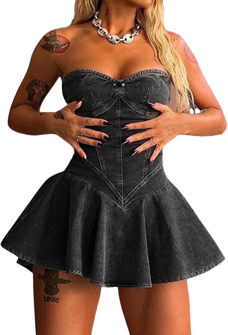 SHINFY Womens Summer Denim Dress Sexy Off Shoulder Strapless Bustier Corset Tube Pleated Mini Jean Dresses (Medium, Black)