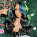 Blue Green Highlight Lace Front Wigs for Women Pre-plucked Hairline Glueless 13X4 Inch Synthetic Lace Front Wig with Baby Hair Long Loose Body Wave Wigs for Daily Party Wig