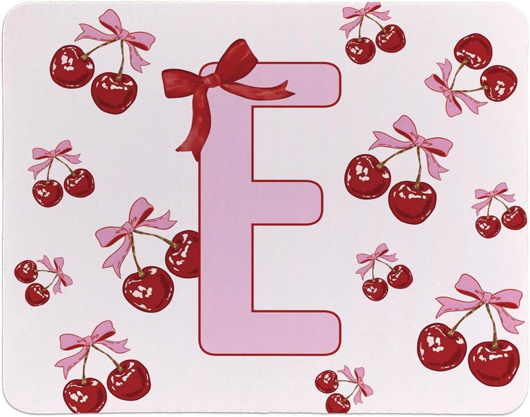 Rusenbao Cute Custom Cherry Mouse Pad, Cute Small Personalized Coquette Pink Bow Mouse Pad for Desk Women Girls, Customizable Initial Mousepads for Laptop, Computer, Office, 9.5x7.9 Inch(Letter E)