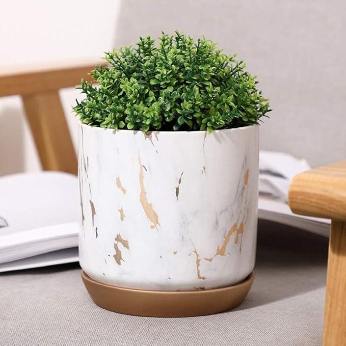 Marble Succulent Plant Pots Marbling Art Minimalist Ins Style Ceramic Pot Cactus Planters Flower Pots with Drainage Hole for Home Office Desk Decoration Beautiful Scenery-L