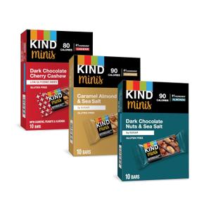KIND Bar Minis, Variety Pack, Dark Chocolate Nuts and Sea Salt, Caramel Almond Sea Salt, Dark Chocolate Cherry Cashew Healthy Snacks, Gluten Free, Low Calorie Snacks, Low Sugar, 30 Count, Best By: 09 AUG 2026