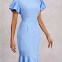 Women's Puff Short Sleeve Dress Crew Neck Ruffle Hem Going Out Knee Length Dresses (Blue, L)