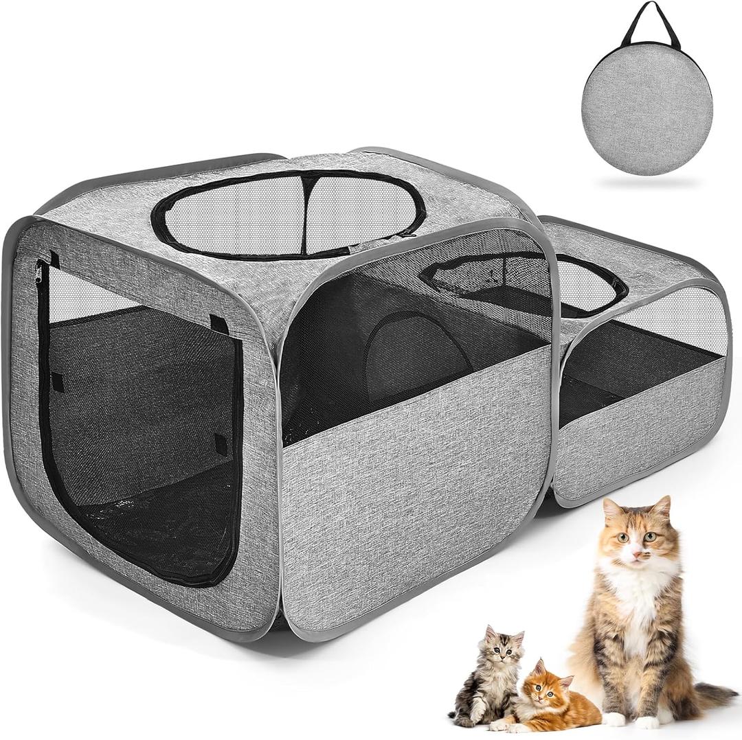 Large Outdoor Cat Playpen, Foldable 2-in-1 Zone Waterproof Cat Enclosure Puppy Pen for Outdoor Use, Portable Pet Playpen with Soft Sides, Great for Gardens, Camping, Backyard