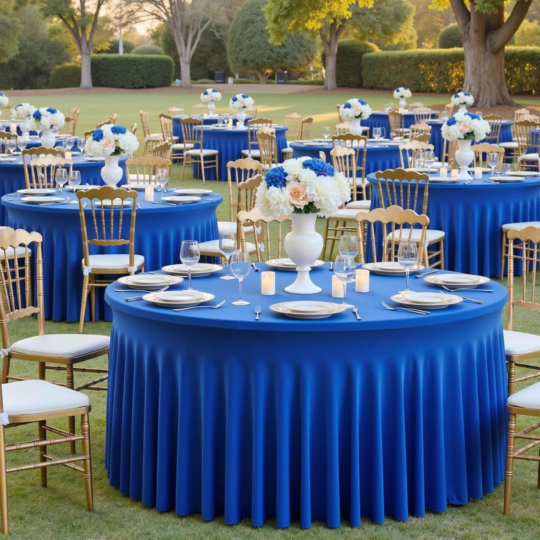 Htper 8 Pack Royal Blue Round Spandex Tablecloths for 60 inch Table, 120 inch Stretchy Fitted 5FT Round Table Cloths with Skirt for Wedding Birthday Party Dining Banquet