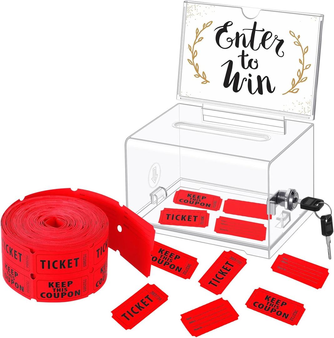 Havawish Enter to Win Raffle Ticket Box with 500 Raffle Ticket Double Roll and Slot Clear Acrylic Donation Box with Lock 6.3" x 4.7" x 3.9" Ballot Holder with 2 Keys for Game Suggestion(Red)