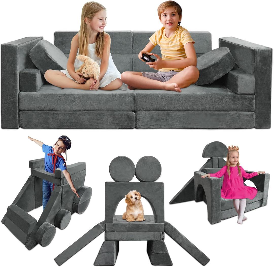 Kayfia 18PCS Modular Kids Play Couch, Kids Couch Building Fort for Playroom and Bedroom Furniture for Toddlers, Unlimited Creativity Sofa Convertible Play Fort (Grey)