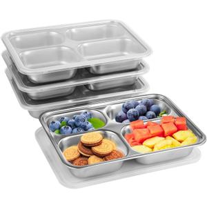 Homaisson Stainless Steel Snack Containers With Lids - 4 Pack - 4 Compartments Bento Snack Boxes, Divided Lunch Trays With Lids Reusable Bento Boxes Divided Food Storage Containers (Silver)