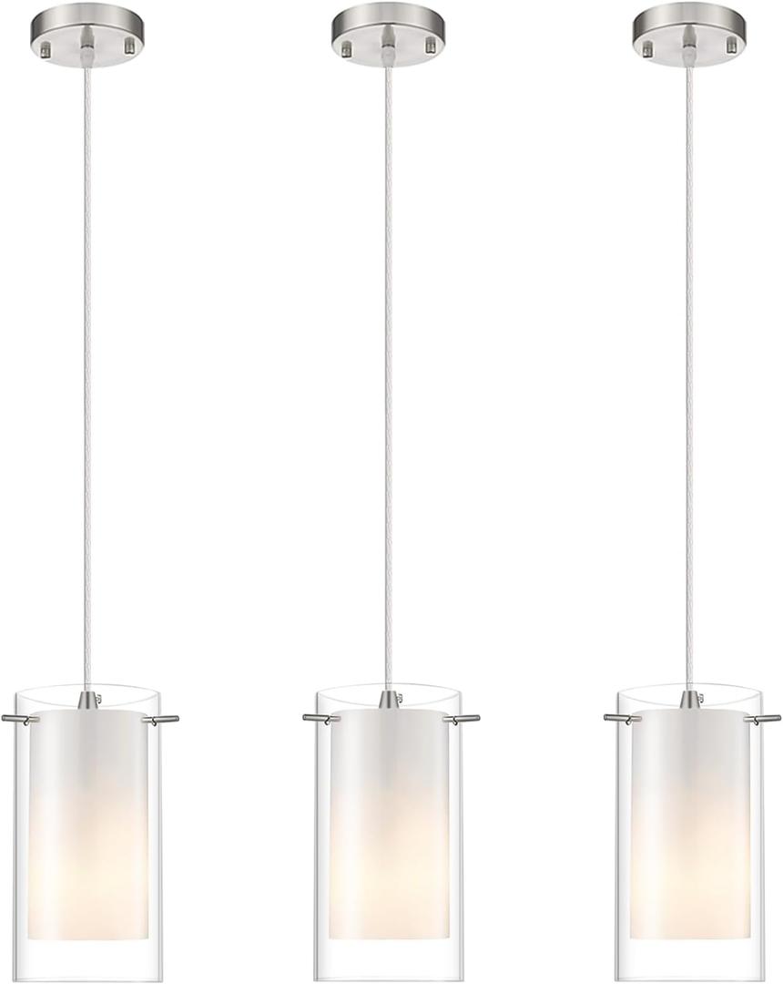 AKEZON 3-Light Pendant Light, Indoor Glass Hanging Light Fixture, Adjustable Height, Brushed Nickel Finish for Kitchen Dining Room (White)