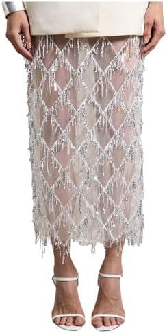 MakeMeChic Women's Sequin Midi Skirts Sheer Fringe Glitter Sparkly Party Club Cover Up Pencil Skirts, XL