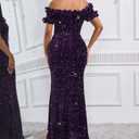 dasmzper Women Sexy Sequin Off Shoulder Ruffle Short Sleeve Bodycon Mermaid Party Formal Evening Maxi Dress (Purple) XXL