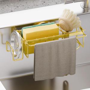 TAILI Sponge Holder with Strong Suction Cup, 4-in-1 Rustproof Sink Organizer - Sink Caddy Holds Sponges, Brushes, Stoppers & Scrapers -Gold (7.28" x 2.36")