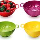 Baderke 4 Pack Mini Colander for Kitchen Plastic Berry Strainer with Double Handles 7.5 x 6 x 3 Inch Small Colander Strainer for Fruits Vegetables Food (Green, Purple, Red, Lemon Yellow)