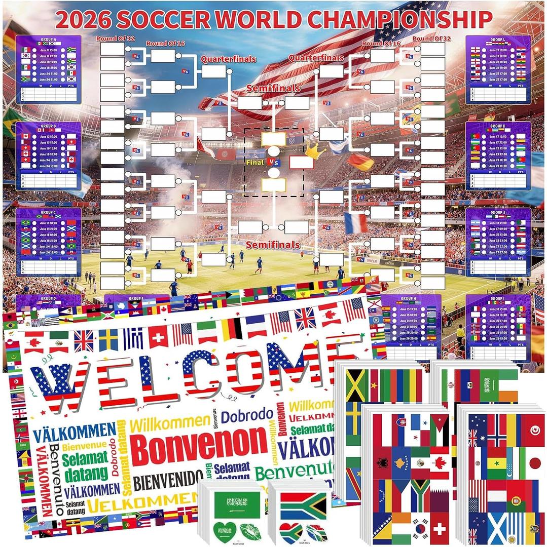 2026 World Soccer Cup Schedule Poster 4-Piece Set, 63 x 44 Inch Extra Large Premium Polyester Match Tracker, Waterproof Wrinkle-Resistant Chart with Flag Banner, 384 Flag Stickers & 96 Water Tattoos