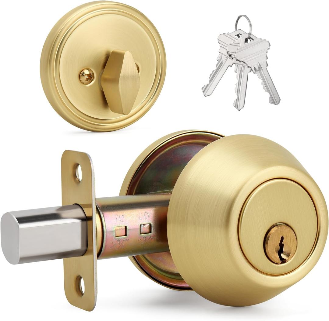 Brushed Gold Round Design Single Cylinder Deadbolt with Keys, Exterior Keyed Dead Bolt Lock for Front Entrance Door Security, Satin Brass