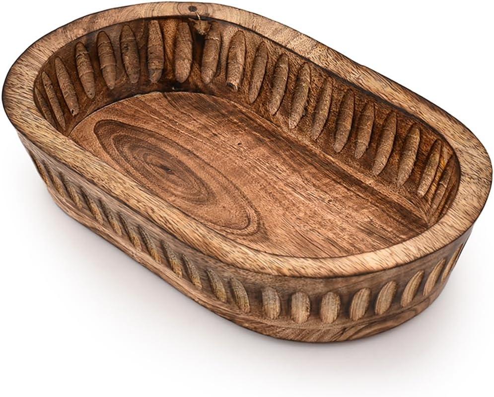 Kaizen Casa Decorative Bowl Mango Wood for Home Decor, Unique Centerpiece Bowl, with Hand Carved Vertical Stripes for Home Decor, Bathroom, Kitchen Counter, & More (10" x 6" x 2")