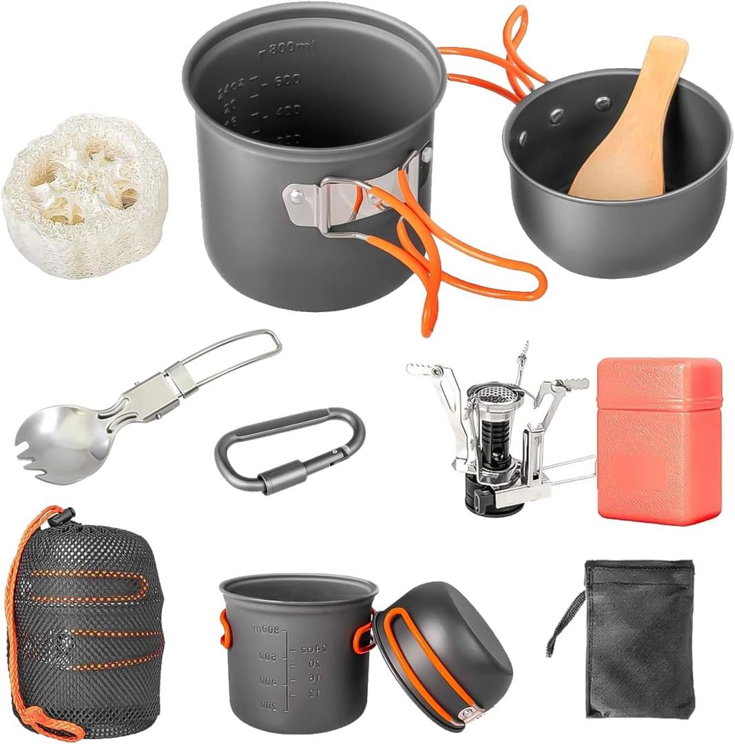 Camping Cookware Set, Portable Camping Mess Kit with Non-Stick Pots, Pans Set and Folding Fork, Lightweight Backpacking cookware Cooking Set for Outdoor/Camping/Hiking/Picnic (9pcs, Orange)