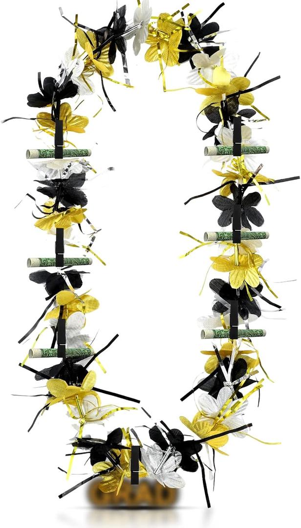 Jutom Graduation Lei with Money Holder 2025 Money Lei for Graduation Flower Leis with Black Gold Silver Tinsel for College Graduation Party