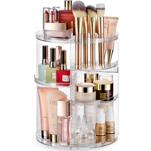 Masirs, Rotating Makeup Organizer - Adjustable Shelf Height and Fully Rotatable, The Perfect Round Spinning Cosmetic Organizer for Bedroom Dresser or Vanity Countertop Storage. (Clear)