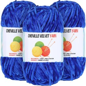 3 * 100g Velvet Chenille Chunky Yarn for Crocheting, Handcrafts Weaving Soft Chenille Yarn for Crocheting Clearance, Used for Making Baby Yarns Blanket, Clothes, Knitting Creations (Sapphire Blue)
