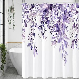 Gibelle Purple Eucalyptus Shower Curtain, Watercolor Plant Leaves with Floral Bathroom Shower Curtain Set, 72x72