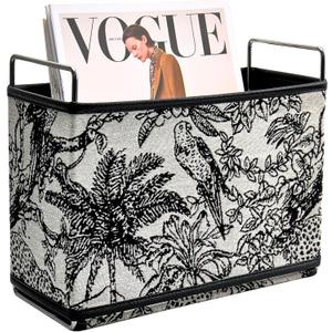 Jungle Theme Magazine Holder - Black & White Embroidered Fabric Magazine Rack Floor, Vintage Faux Leather Newspaper Book Basket Box for Bathroom, Living Room and Toilet (Random Pattern)