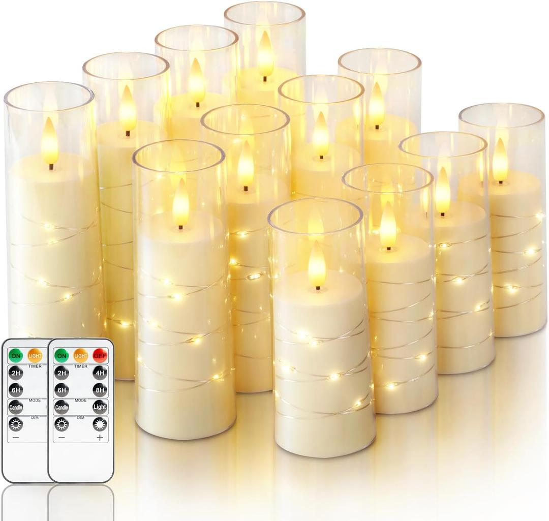 Homemory 12Pcs Flameless Candles with Star String Fairy Lights, Flickering Battery Operated Candles, LED Fake Candles with Remote and Timer, Christmas, Weddings, Home Decor, White (12pcs, D2.2"x H5"6"7")
