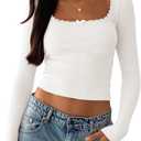 BZB Womens Long Sleeve Crop Tops Fall Y2K Lace Square Neck Slim Fitted Basic Ribbed Tee Blouse Shirts (Large, White)