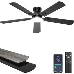 Ohniyou Ceiling Fans with Lights, 52 Inch Low Profile Ceiling Fan with Light and Remote/APP Control, Flush Mount, Dimmable, Qiuet DC Motor, Black Ceiling Fan for Bedroom, Living Room