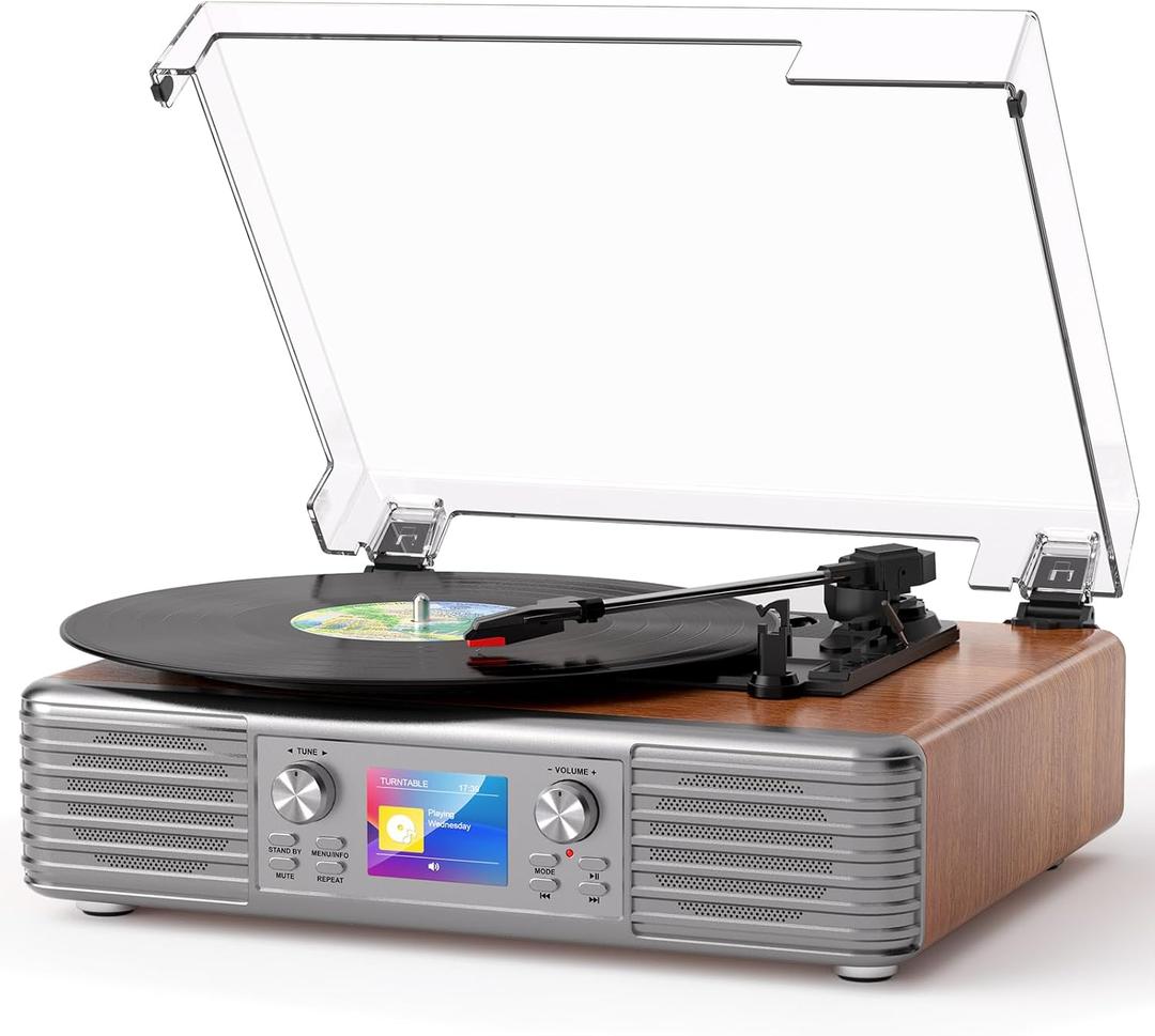 Vintage Vinyl Record Player with Stereo Speakers, 3-Speed Belt Drive Bluetooth Turntable, USB to PC Recording, LCD Display, Auto Stop, RCA Line Out, AUX, Headphone Jack, Walnut Wood, Home Decor, Gift