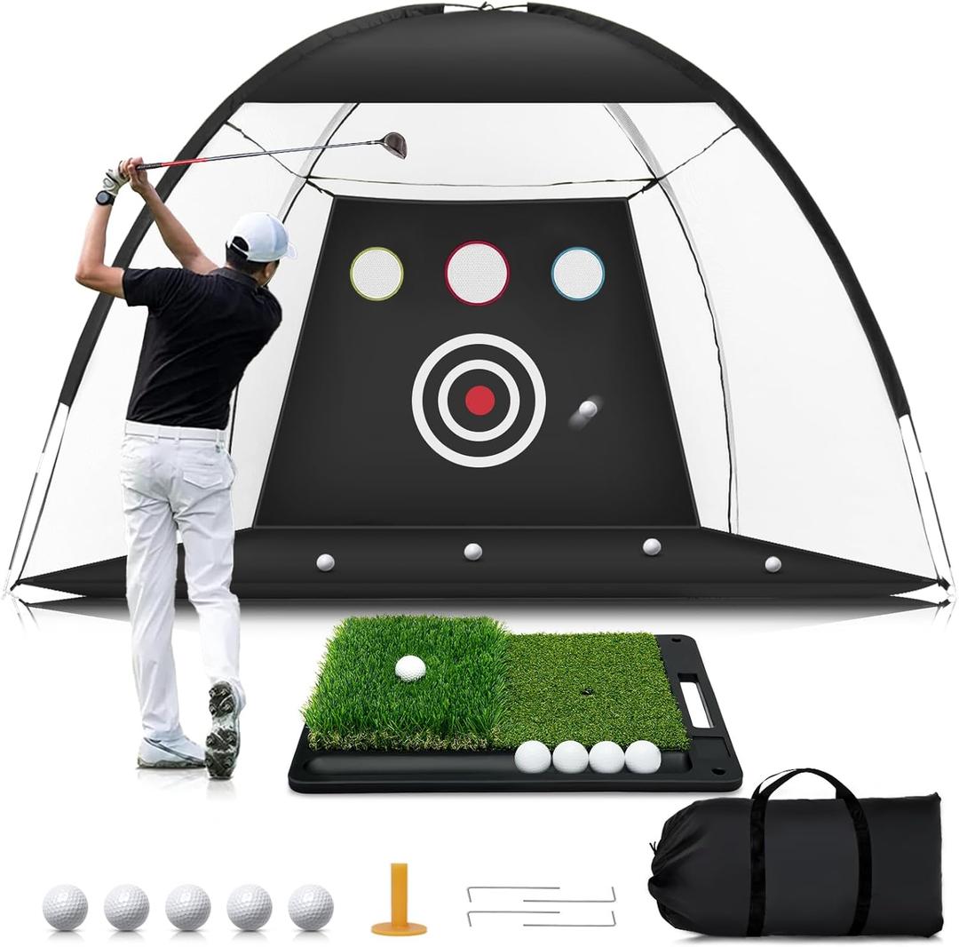 Golf Net: 10x7ft Golf Hitting Practice Net for Backyard, Indoor or Outdoor Driving Chipping Swing Training and Equip Non-Slip Heavy-Duty Base Hitting Mat, Ideal Gifts for Dad Husband Men Fathers Day
