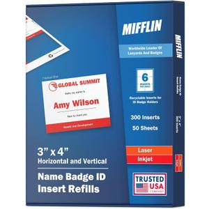 Mifflin-USA Name Badge Inserts, 3"x4" or 4"x3" Badge Inserts (300 Cardstock Refills, 50 Sheets), Compatible with Inkjet, Laser Printer, and Printable Sheets