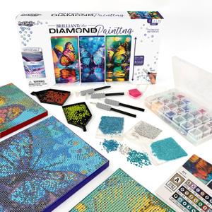 ArtSkills Diamond Painting Kit, Diamond Art Ready to Hang Framed Canvas with Storage and Accessory Kit, Enchanted Butterflies, 3 Stretched Canvas Panels, 14” x 7” Each