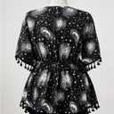 Women's Plus Size Boho Graphic Blouse Shirt Bow Tie Knot Half Sleeve Ruffle Hippie Peplum Tops (Black, L)