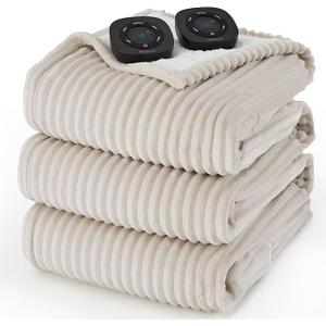 Bedsure Electric Queen Size Blanket - Soft Ribbed Flannel Heated Blanket with Dual Control, 10 Heat & 10 Time Settings, 8 Hr Auto Shut Off (84x90 Inches, Cream)