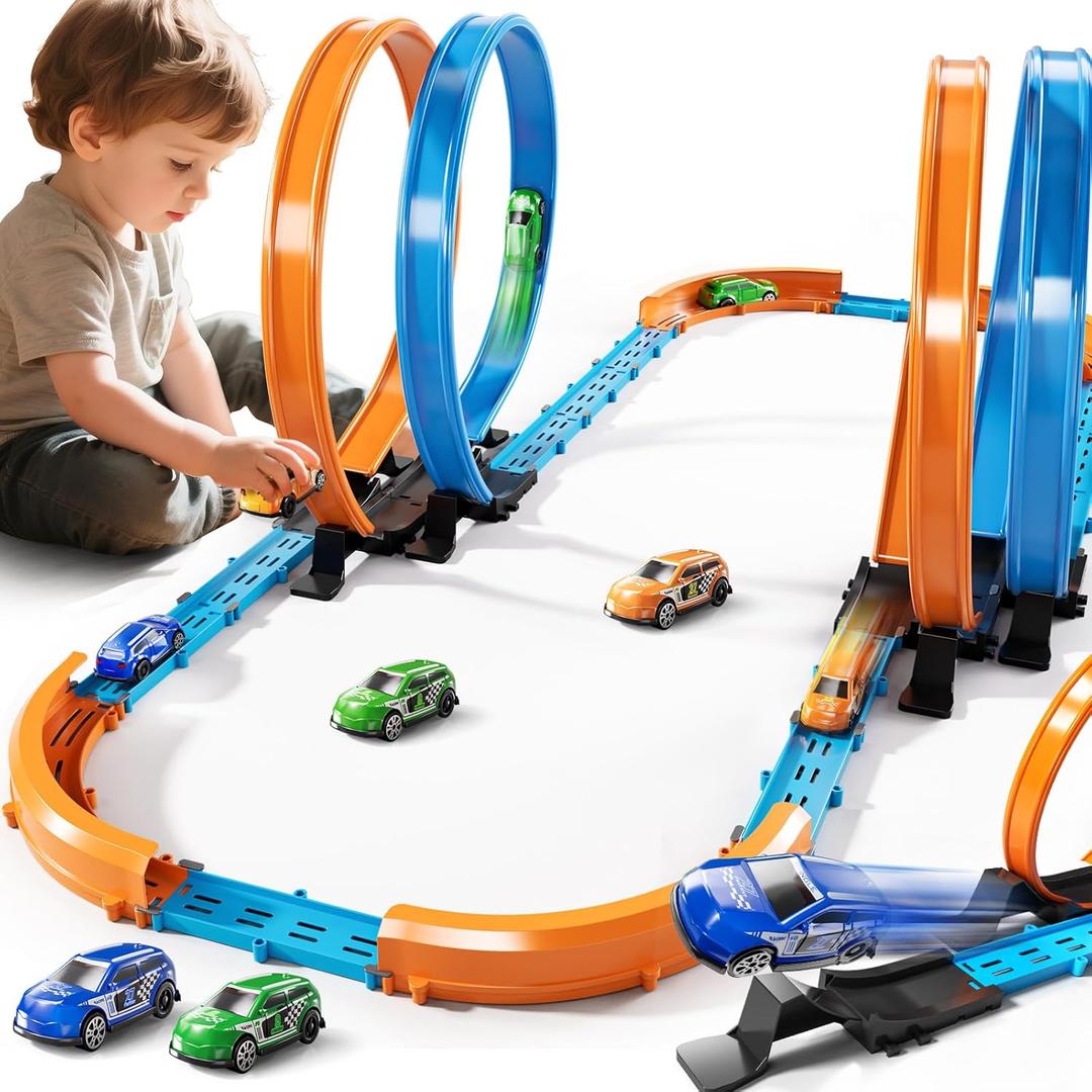 MSKOLER Car Race Track Sets for Kids 3 4 5 6 7 8 9 Years Old - Toy Car Track Set for Boys 3-5 6-8 8-12, Competitive Racing Game with 4 Small Cars, Boys Toy, Gifts Toys Cars for Toddlers Girls 3-8