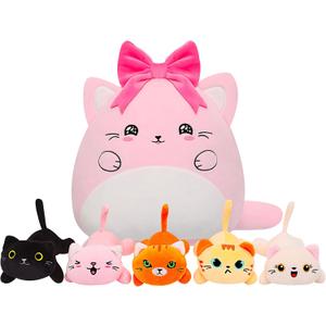 Cat with 5 babies Stuffed Animals - 15 Inch Cats Mommy with Small Babies Plush Inside 6-Piece Cute Realistic Cat Plushies Machine Wash Interactive Adopt Toy Toddler Girls Boys 0-8 Kids Birthdays Gift
