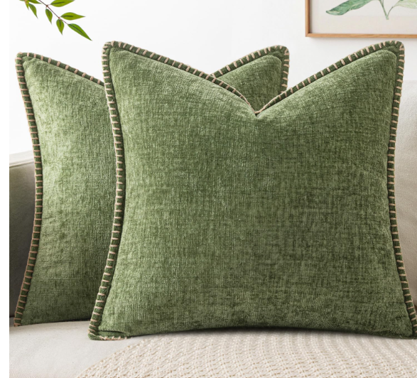 MIULEE Pack of 2 Couch Throw Pillow Covers 18x18 Inch Sage Green Farmhouse Decorative Pillow Covers with Stitched Edge Soft Chenille Solid Dyed Summer Pillow Covers for Sofa Bed Living Room