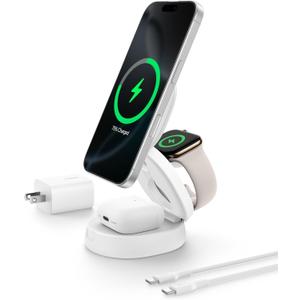 Belkin MagSafe Charger Compatible, 3-in-1 Qi2 15W Wireless Charging Station, Convertible Wireless Charger for iPhone 17, Apple Watch, AirPods, Pixel 10, Phone Stand for Travel w/ 36W Adapter - White