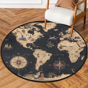 Round Area Rug 5ft - Compass Map Washable Circle Rugs Non Slip Circular Floor Mat - Soft Large Carpet for Living Room Nursery Bedroom Kitchen