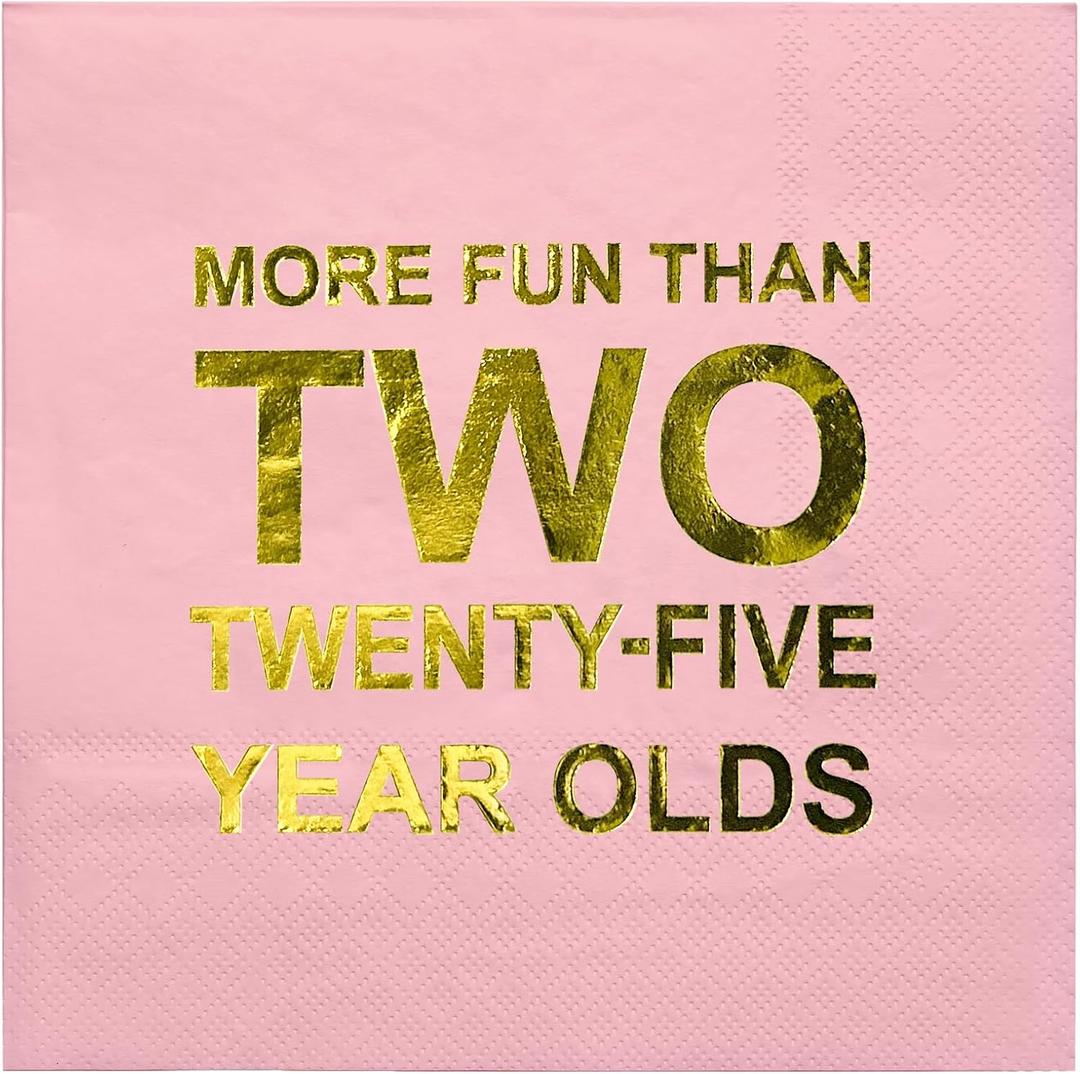WRAPAHOLIC 50Pcs Gold 50th Birthday Napkins - 3-Ply Disposable 50 Years Birthday Anniversary Cocktail Napkins - Pink Gold Foil More Fun than Two Twenty Five Year Olds - 5 x 5 In