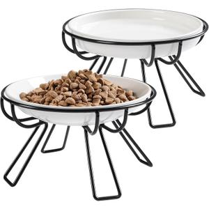 Presents The Ultimate Cat Dining Set: 5.9 inch Ceramic Water Bowl and Whisker-Friendly and Anti-Vomiting Plates.Elevated Bowl, Raised Ceramic Dish with Metal Stand