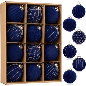 Hollyone 12PCS Blue Velvet Christmas Balls Ornaments, 3.15" Flocked Balls Shatterproof Decorative Hanging Ornaments Christmas Tree Decorations Set for Wedding Winter Holiday Party Wreath Home Decor