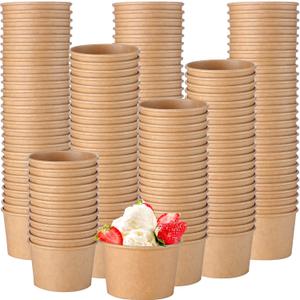 Honeydak 100 Pieces Ice Cream Soup Cups Paper 5 oz Disposable Sundae Bowls Kraft Paper Hot Cold Snack Yogurt Dessert Small Cups for Ice Cream Baby Shower Party Supplies, Brown Disposable Bowls